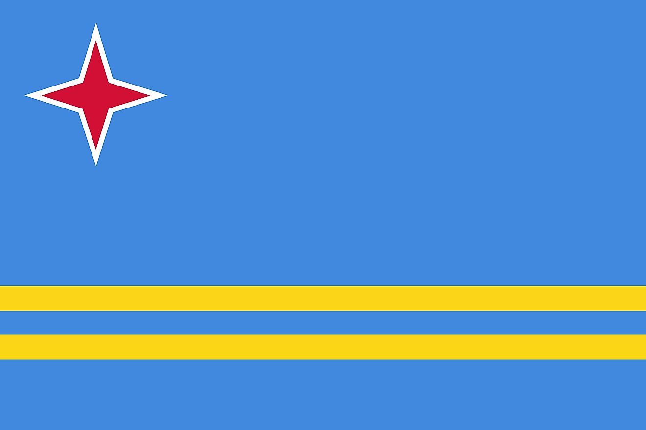 Aruba’s Flag (BANDERA) is light blue in color and features two narrow, horizontal, yellow stripes across the lower portion  and a red, four-pointed star outlined in white in the upper hoist-side corner. 