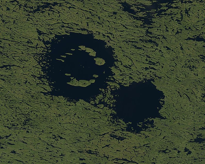 Landsat image of the Clearwater Lakes impact craters in Quebec, Canada