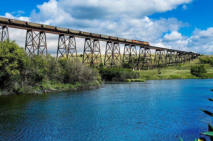 A rail bridge over the Sheyenne River in Valley City, North Dakota.