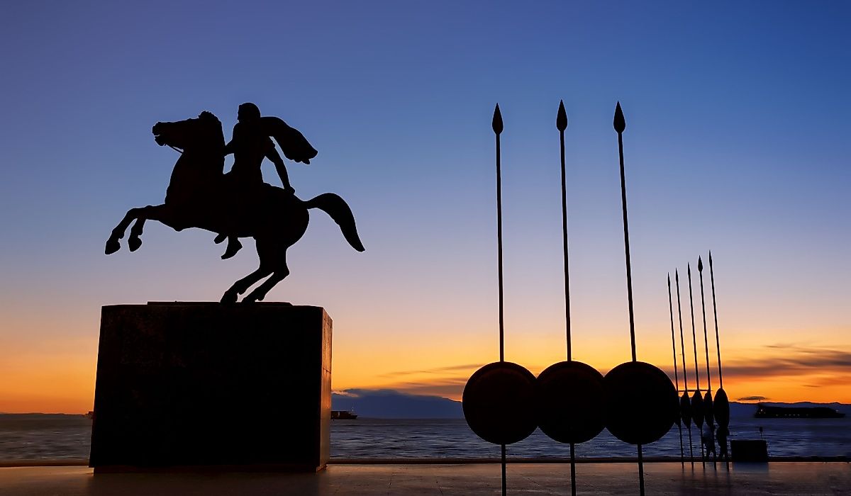 The bronze statue of Alexander the Great on his famous horse with sarissa in the background.