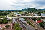 Aerial view of the Potomac River in Cumberland, Maryland.