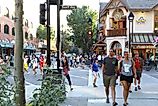 Visitors walking and shopping at Banff's main avenue.