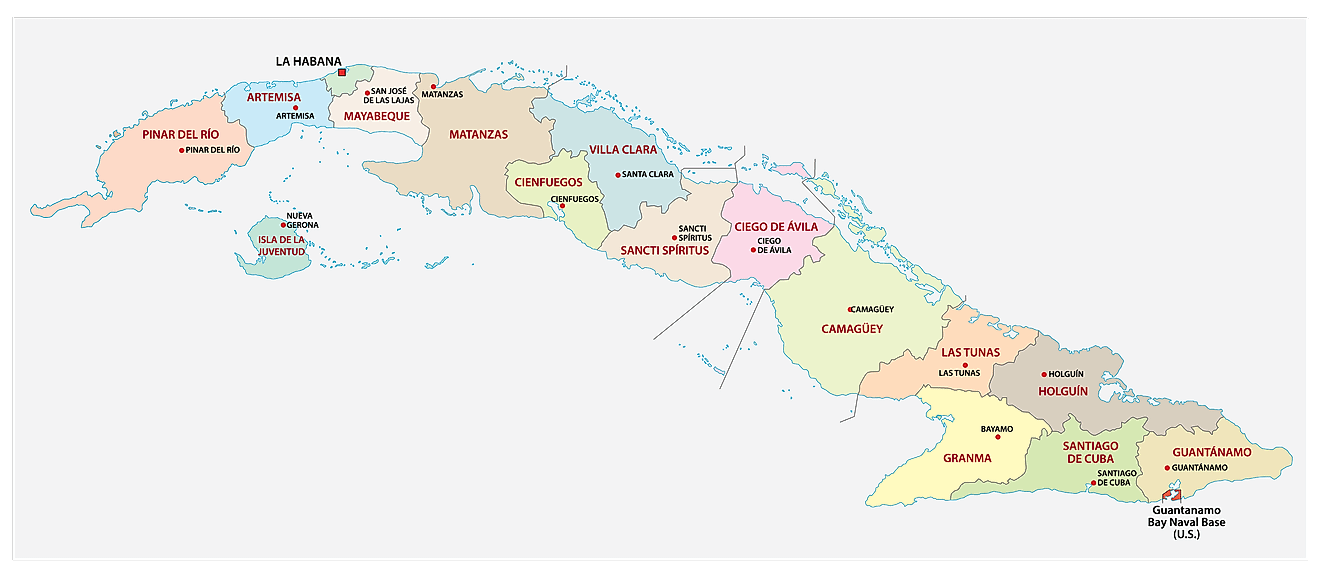 Political Map of Cuba showing its 15 provinces and 1 special municipality and the capital city of Havana.