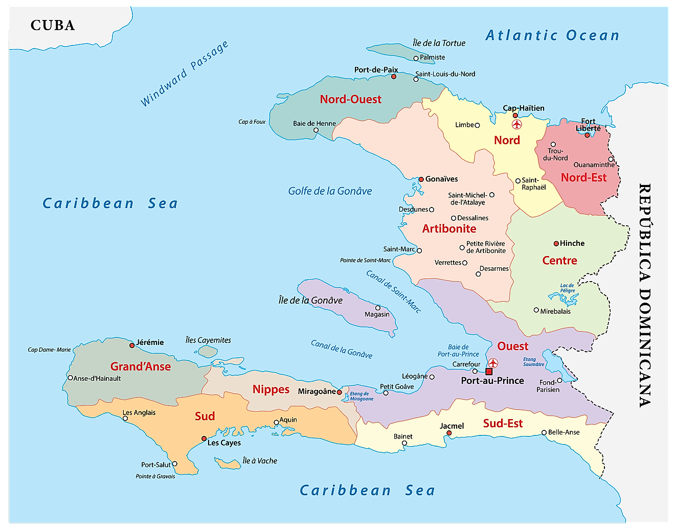 Political Map of Haiti showing its 10 departments and the capital city of Port-au-Prince.