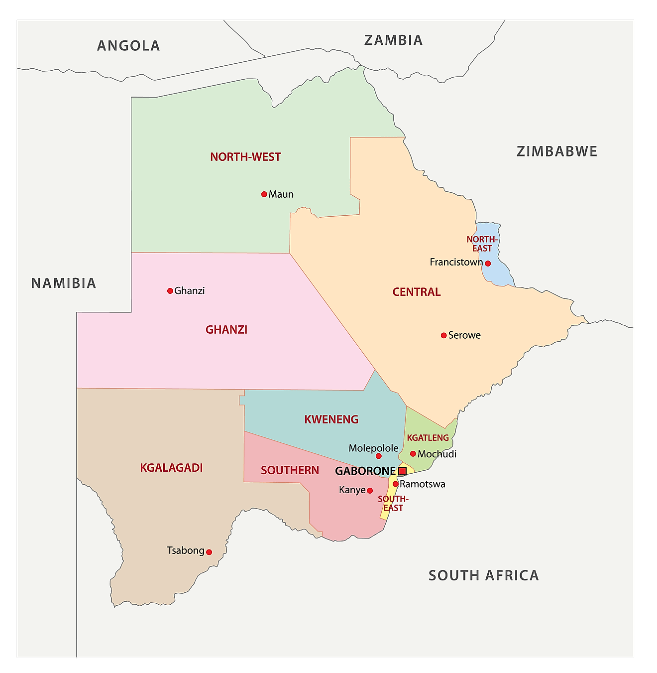 Political Map of Botswana showing its 10 rural and 7 urban districts.