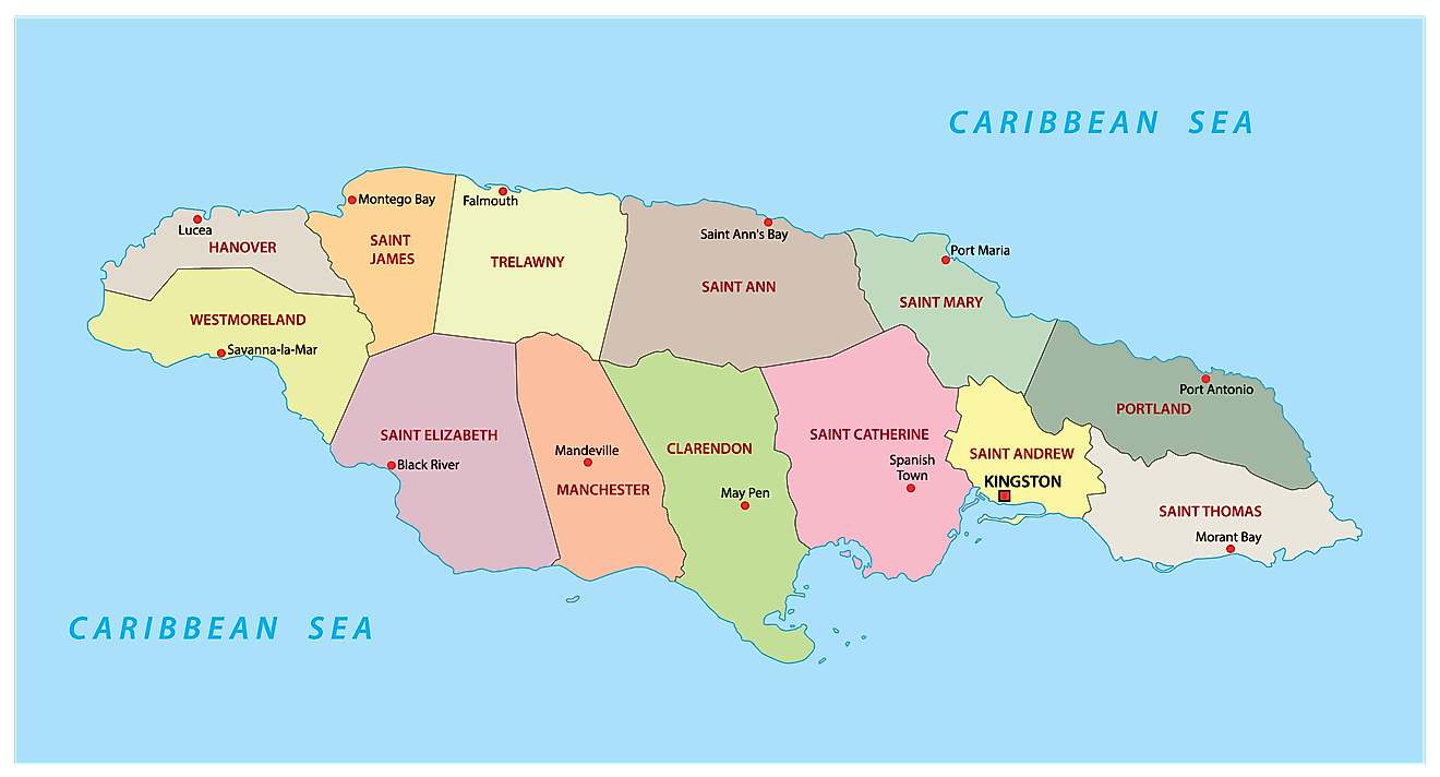Political Map of Jamaica showing its 14 parishes and the capital city of Kingston.
