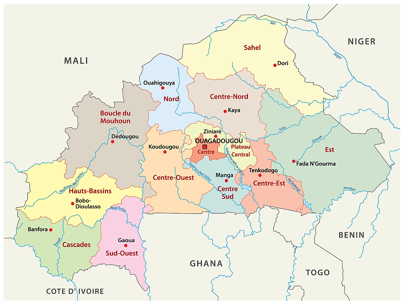 Political map of Burkina Faso displaying its 13 regions, their capitals, and the national capital of Ouagadougou.