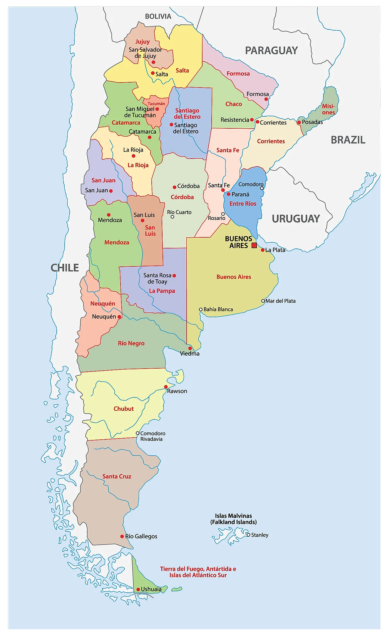 Political Map of Argentina showing it's 23 provinces and the capital city of Buenos Aires.