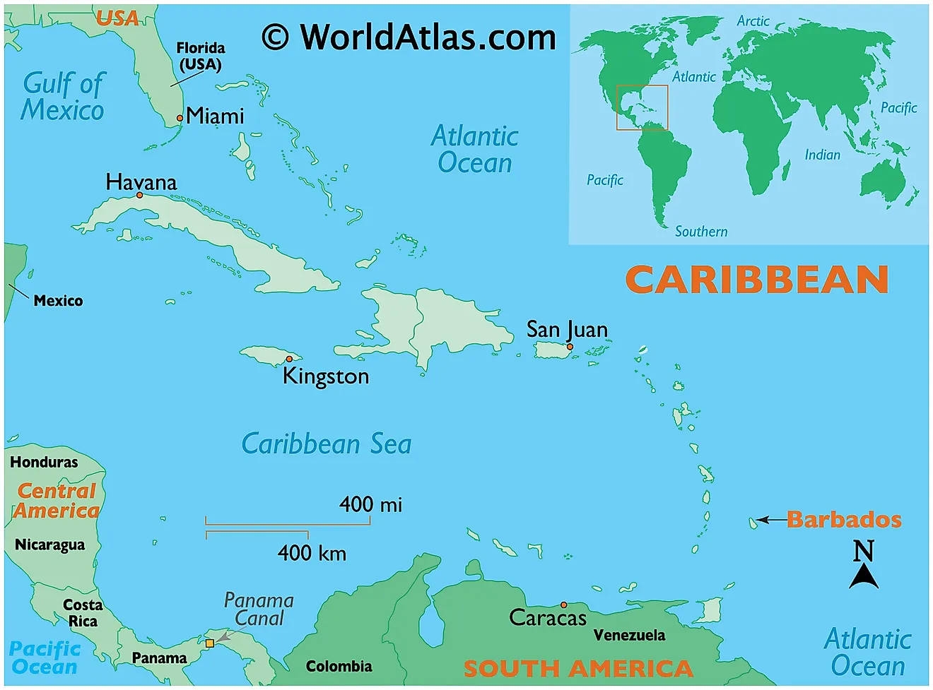 Map showing location of Barbados in the world.