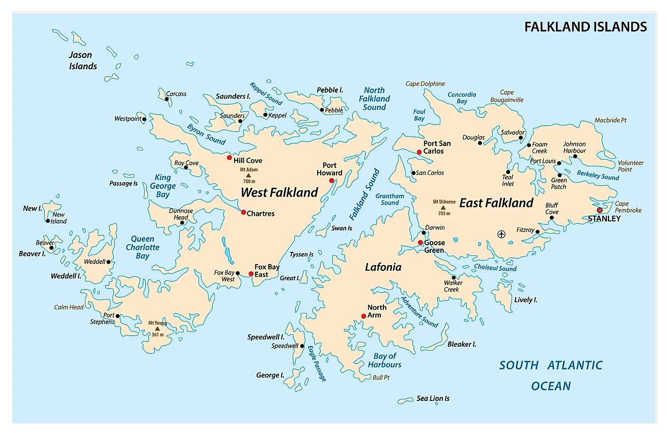 Falkland Islands map showing islands, capital city Stanley, and other important cities.