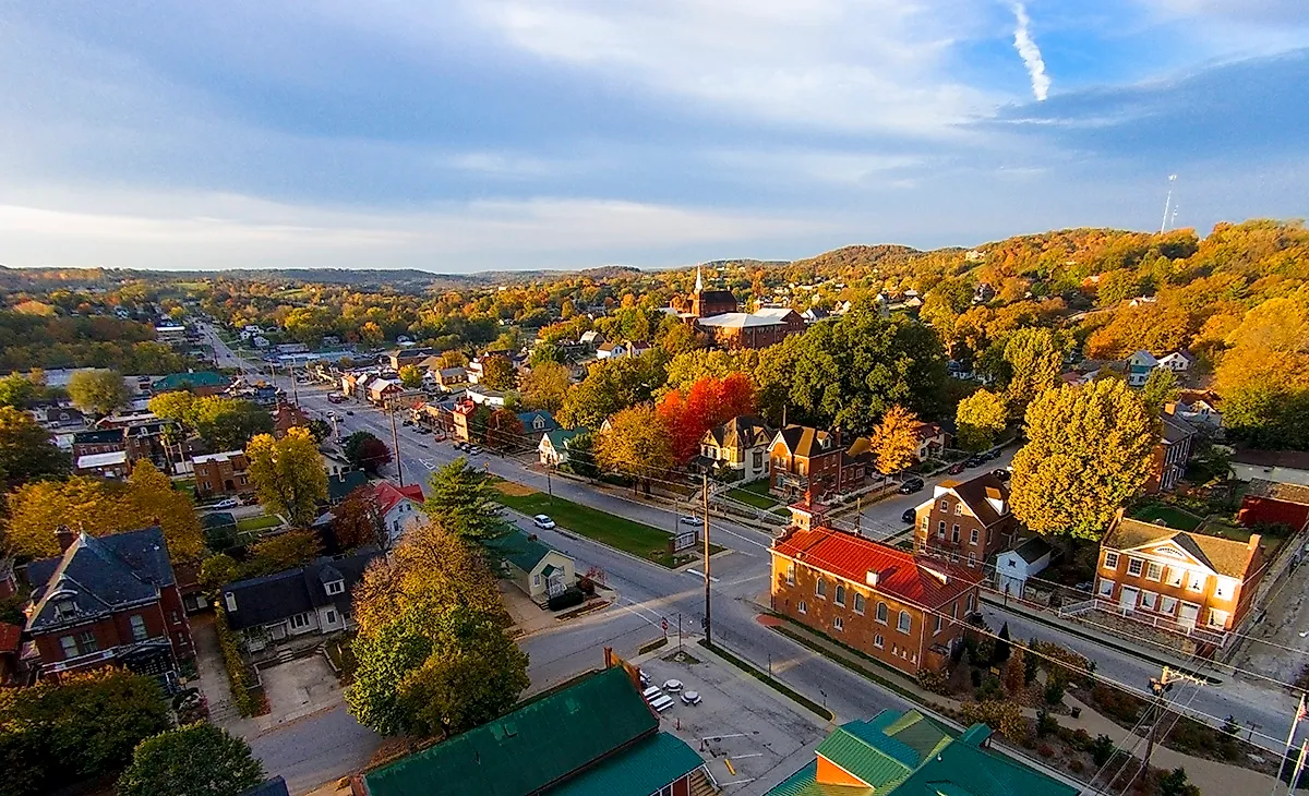 Early morning sun lights up the fall colors down Market Street in Hermann, Missouri.