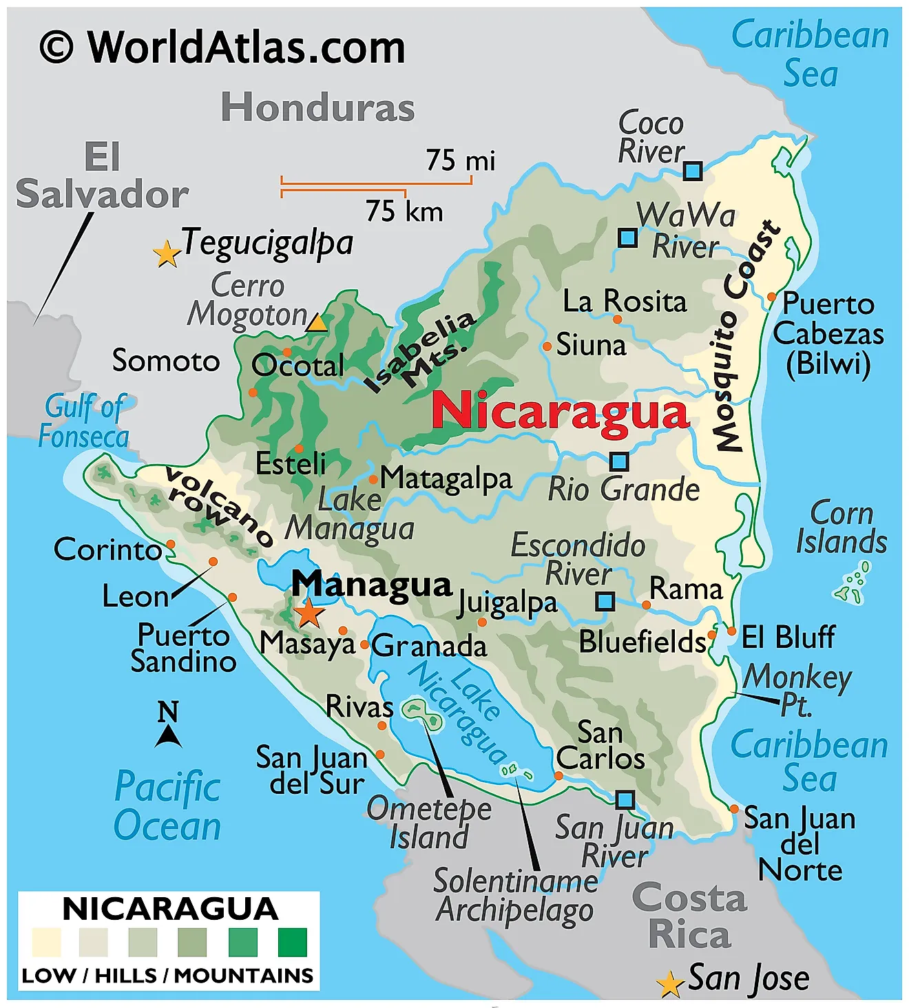 Physical Map of Nicaragua showing terrain, mountains, extreme points, Mosquito coast, volcanoes, rivers, lakes, major cities, international boundaries, etc.
