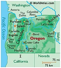Physical Map of Oregon. It shows the physical features of Oregon including its mountain ranges, plateaus, rivers and major lakes. 