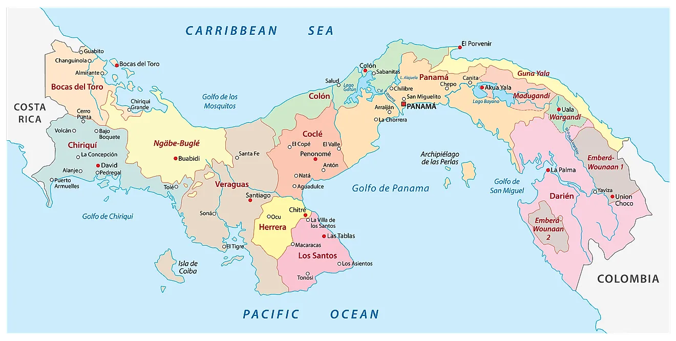Political Map of Panama showing its 10 provinces and 3 indigenous regions and the capital - Panama City