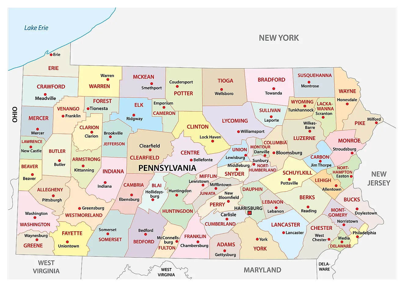 Administrative Map of Pennsylvania showing its 67 counties and the capital city - Harrisburg