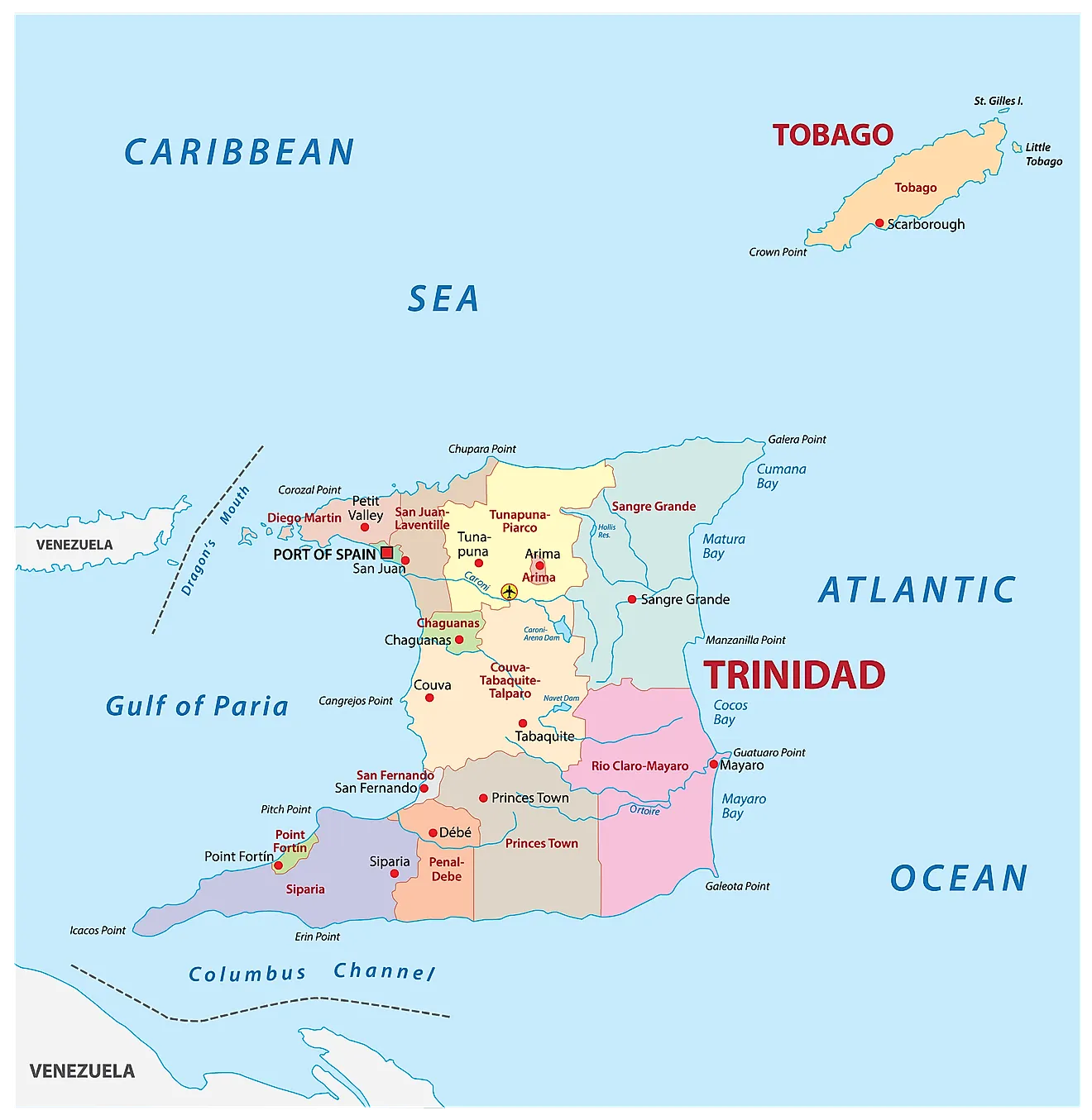 Political Map of Trinidad and Tobago showing its 9 regions, 5 municipalities and 1 ward and the capital city of Port of Spain. 