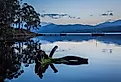 Jetty and fishing boat moored in Huon River, Tasmania, Australia. 