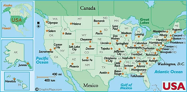 Map of the United States labeled with state capitals