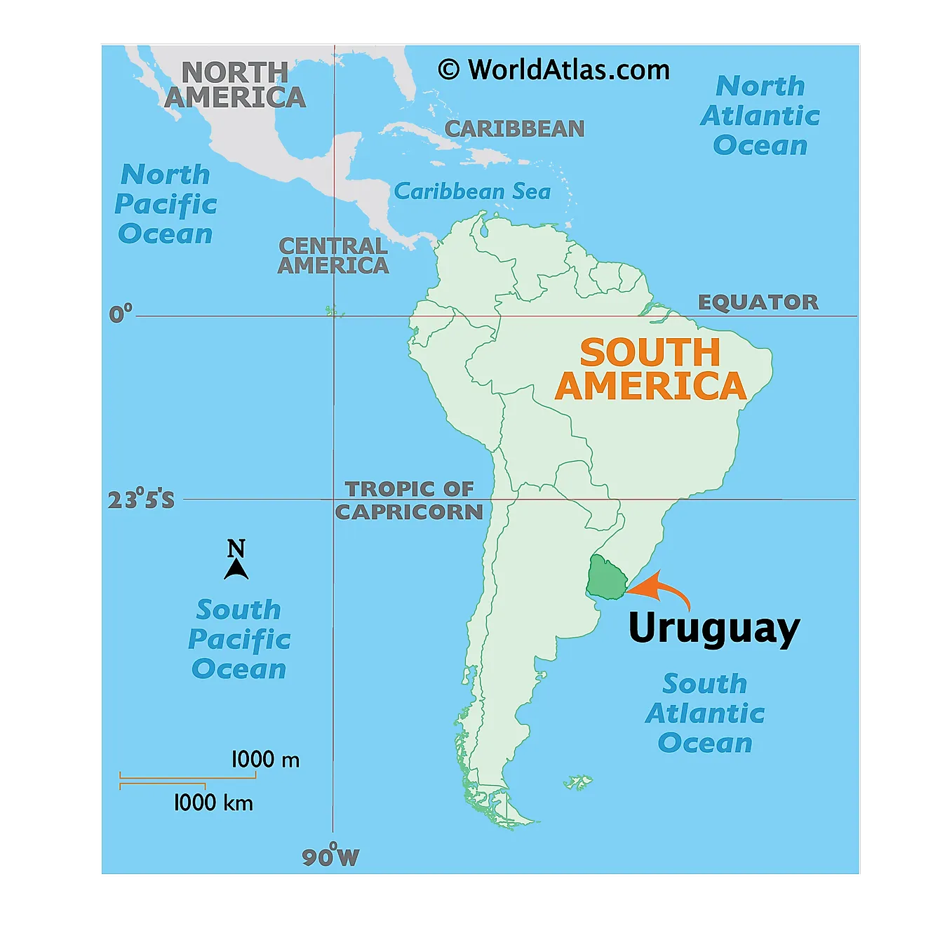 Map showing location of Uruguay in the world.